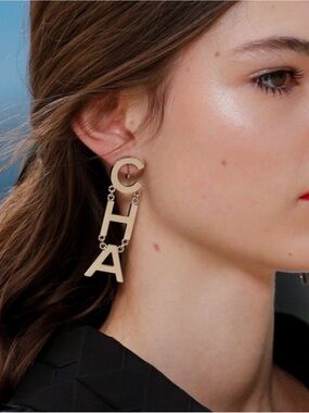 CHANEL Gold Tone Letter Drop CHA NEL Earrings